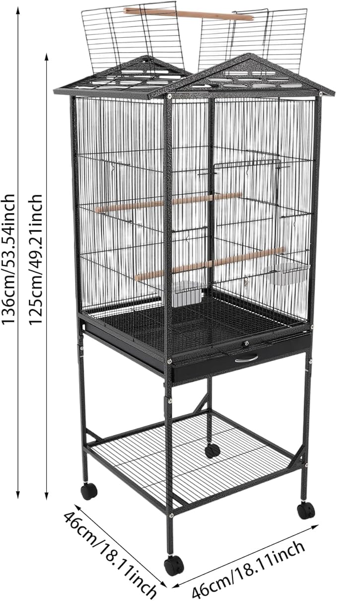 Large Modern Bird Cage 46" for Parrots,Iron Birdcage with Rolling Lockable Wheels & Storage Shelf,Open Top Design & Feeding Doors for Cockatiels Parakeets (Black)