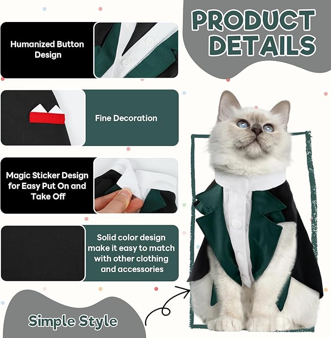 Cat Tuxedo Suit, Stylish Cat Tuxedo Outfit Formal Suit, Kitten Formal Attire Wedding Birthday Onesie Costume for Male Girl Hairless Cats, Pet Fashion Apparel Fancy Clothes, Grey, M