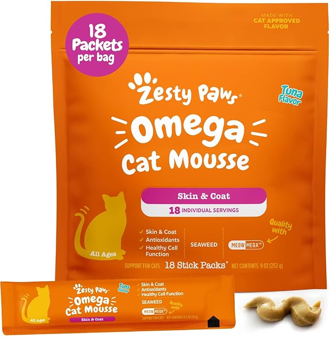 Zesty Paws Omega Cat Mousse Squeezable Cat Treats - with Seaweed, Omega Fatty Acids, Antioxidants Vitamins & Minerals - Skin & Coat Support for Cats - Tuna Fish Flavor - 18 Count