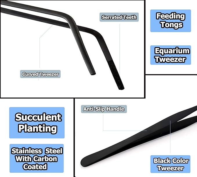 15 inch Black Curved Aquarium Tweezers Stainless Steel Curved Tweezer with Carbonation Protection Coating Against Rust Long Reptiles Feeding Tongs for Aquatic Plants Lizards Spider Snakes