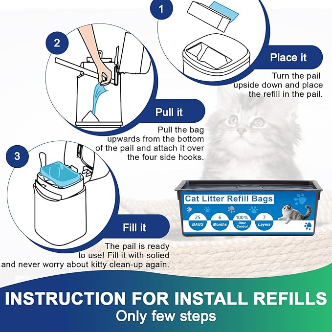 Cat Litter Refill Bags for Genie Easy Roll Bin, 7-Layer Odor Control, Leak-Proof & Easy-Tear, Unscented,Cat Genie Easy Roll Refill Bags-3 Pack(75 Bags Total)