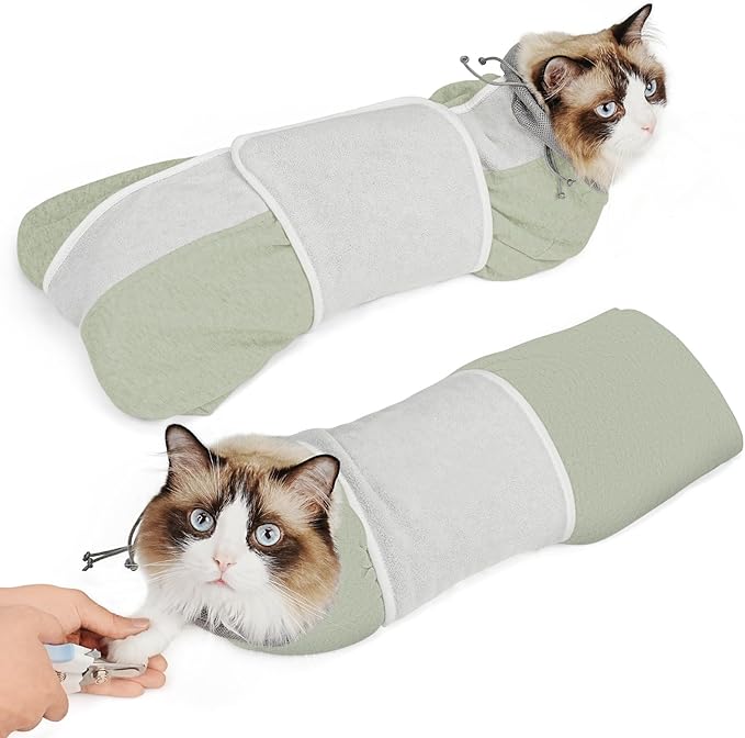 Supet Cat Grooming Wrap for Cutting Nails, Self-Adhesive Anti-Scratch Swaddle with Bite-Proof Mesh Hood & Thick Waist Strap Anti-Escape Bag for Nail Trimming, Medication, Ear Cleaning (Green S)