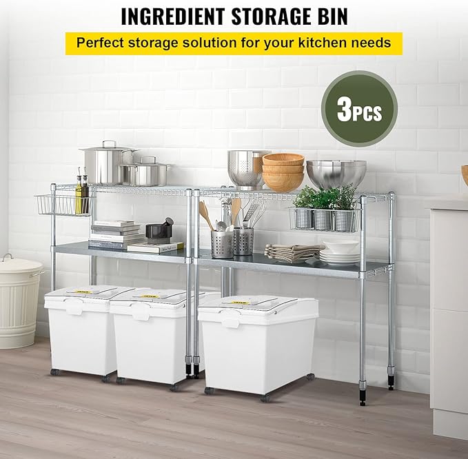 VEVOR Ingredient Bin, 10.5 Gallons Capacity Ingredient Storage Bin, PP Material Flour Bins On Wheels, White Shelf Ingredient Bin with Scoop and Sliding Lid, Commercial Storage Bins 3 Pcs/Set