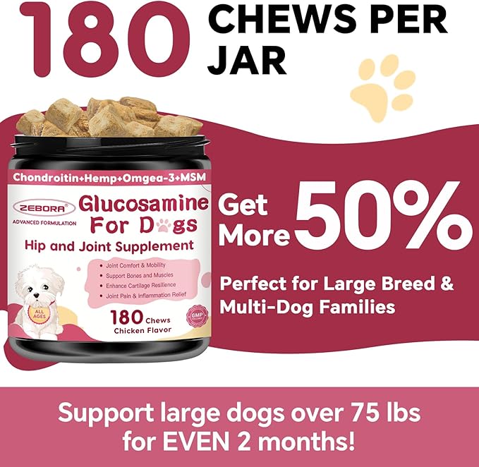 Glucosamine for Dogs - Joint Supplement for Dogs with Chondroitin, MSM, Omega 3, Hemp, Turmeric for Dog Joint Pain Relief, Dog Joint Supplement with Calcium Support Cartilage & Bone Health, 180 Chews