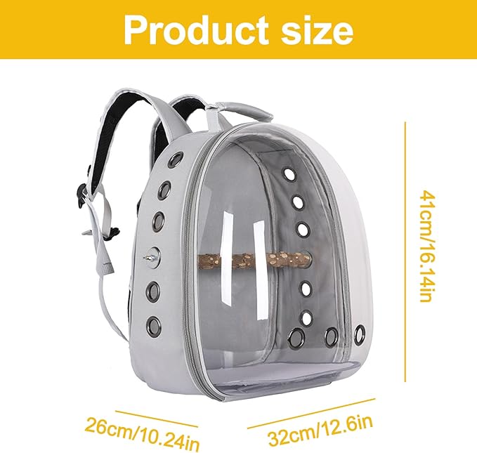 Transparent Parrot Backpack,12 Holes Ventilate Space Capsule Carrier,Stick Wooden Standing Perch,Portable Double Shoulder Outdoor Pet Backpack Carrier for Birds and Pets (Yellow,Without Stick)