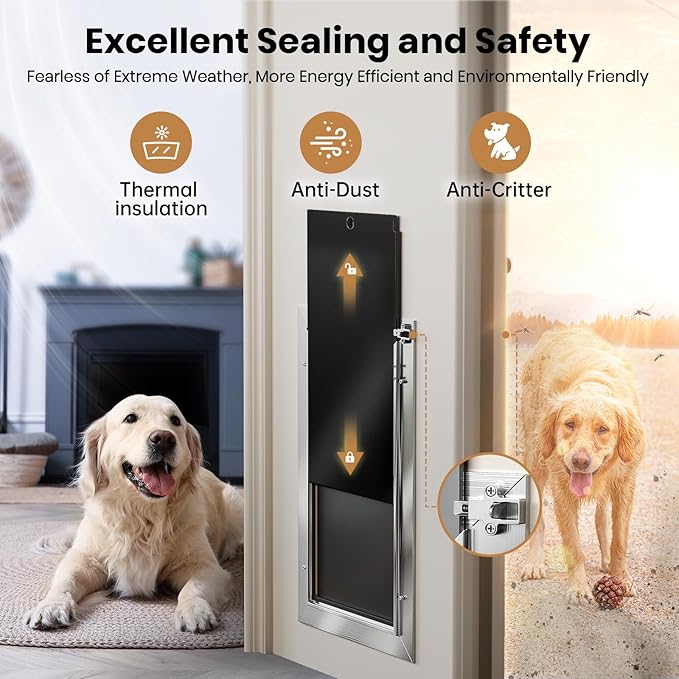 All Aluminum Dog Door with 2 Magnetic Flaps & 1 Replacement Flap, Heavy Duty Medium Doggy Door for Exterior Doors, Doggie Door wtih 2 Closing Panels, Dual Aluminum Locks, for Pets Up to 45 Lb