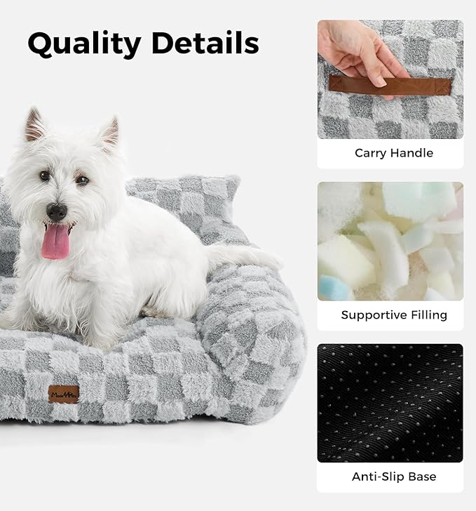 Made4Pets Cat Beds for Indoor Cats, Cat Couch Bed, Soft Faux Fur Checkered Pet Sofa, Calming Fluffy Kitten Sofa with Supportive Foam, Removable Washable Cover with Non-Slip Base, Grey, Small
