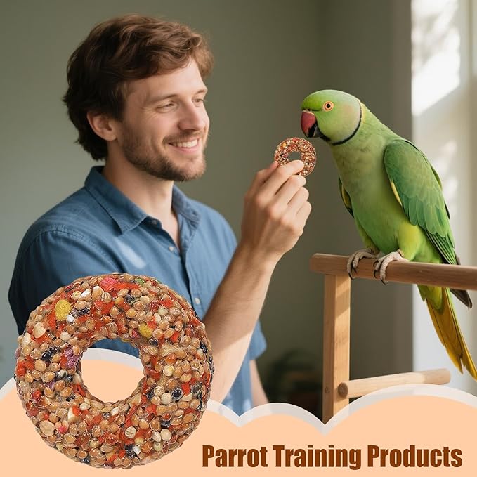 Cockatiel Treats - Donut Shape Bird Chew Toy, Training Snack, Natural Grain Teether | Enrichment Accessory for Lovebirds Parakeets Conures Aviary Cage, Fun Interactive Supplies for Pet Birds