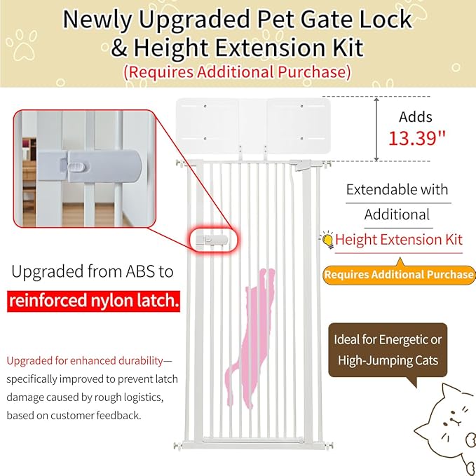 Lumizone Extra Tall Cat Gate 61.02" High Pressure Mounted Extra Wide 2025 New (17 Sizes) 1.37" Gap No Drilling Auto-Close One-Handed Operation Tall Pet Gate for Dogs(White, 61.02" H x 34.25"-38.38" W)