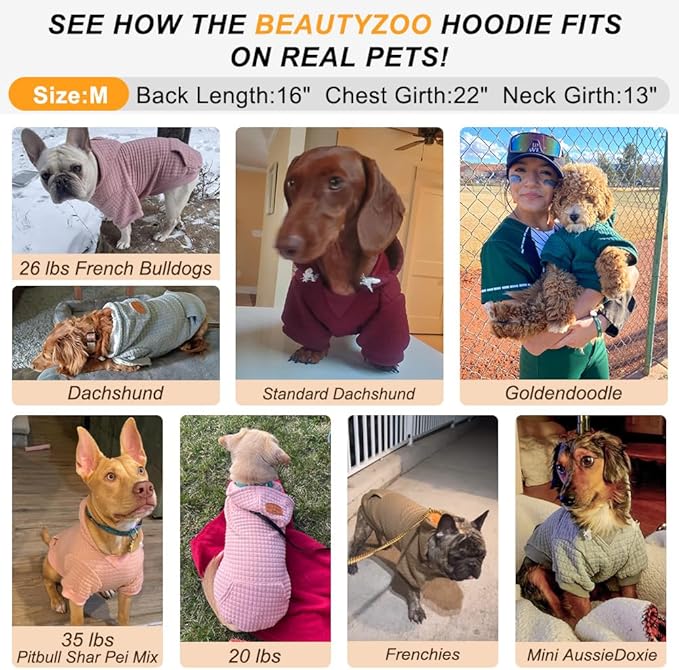 BEAUTYZOO Small Dog Hoodie Sweater with Pockets, Dog Clothes for Small Medium Dogs Boy Girl, Waffle-Like Laminated Cotton Pet Coats with Hat and Leash Hole, Army Green M