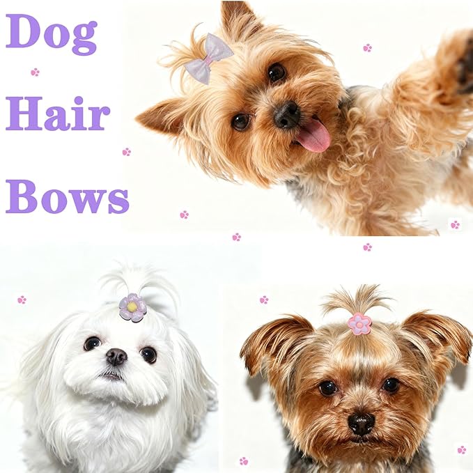 20pcs Handmade Puppy Hair Bows Purple, Cute Bowknot Top Knot with Elastic Bands for Yorkie Grooming