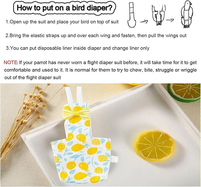 Bird Diaper Carrier Flight Suit Straps, Reusable Training Diaper Set Liners with Hook and Tow Eyes for Parrots and Cockatiels (Yellow LemonV, S)