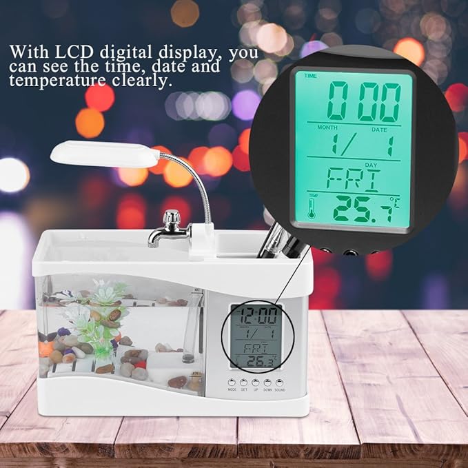 Small Divided Fish Multifunctional USB Rechargeable Mini Fish Aquarium with Clock Function LED Light(White)