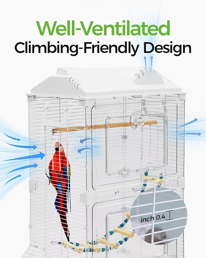 Clear View Bird Cage, Indoor & Travel Small Birdcage for Parakeet, Parrot, Budgies, Cockatiels, Canary |Easy Clean Safe Materials (White, Small)