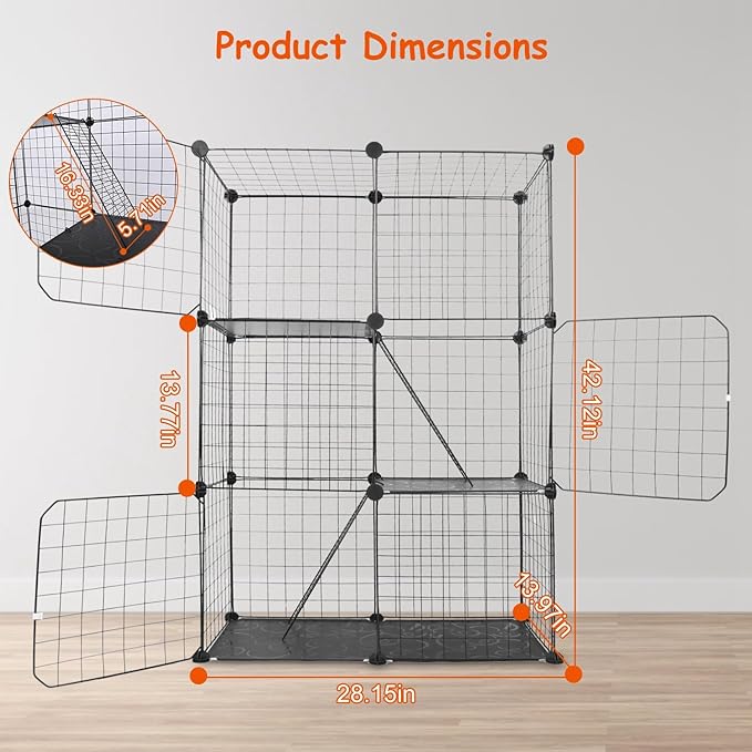 Large 3-Tier Cat Cage, Indoor Cat Enclosures Pliable DIY Cat Playpen, Detachable Metal Wire Kennels Cat Crate Box House with 3 Doors 2 Ramp Ladders for 1-2 Cats, 28.2"L x 14.0"W x 42.1"H,Black