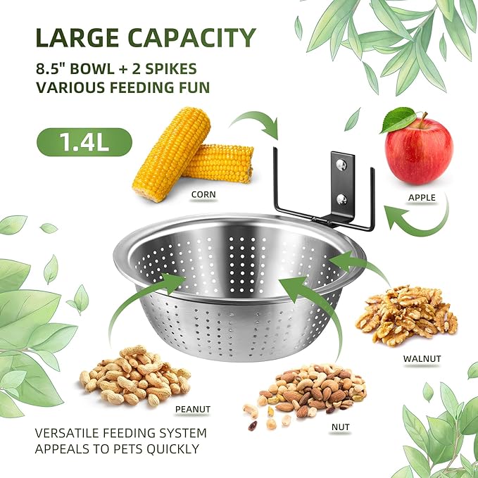 2 Pack 8.5"/1.4L Squirrel & Bird Feeder Combo - 1 Metal Food Bowl with Colander System + 1 Water/Bath/Swim Tray | Tree/Fence Mounted Perfect for Outside | Removable Easy Clean Wildlife Delight
