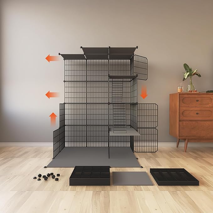 Large 4-Tier Cat Cage Indoor, DIY Cat Enclosures Detachable Metal Wire, Indoor Cat Crate Exercise Place Ideal for Kitty, Small Animals (Black, 41" L x 14" W x 55" H, 7)