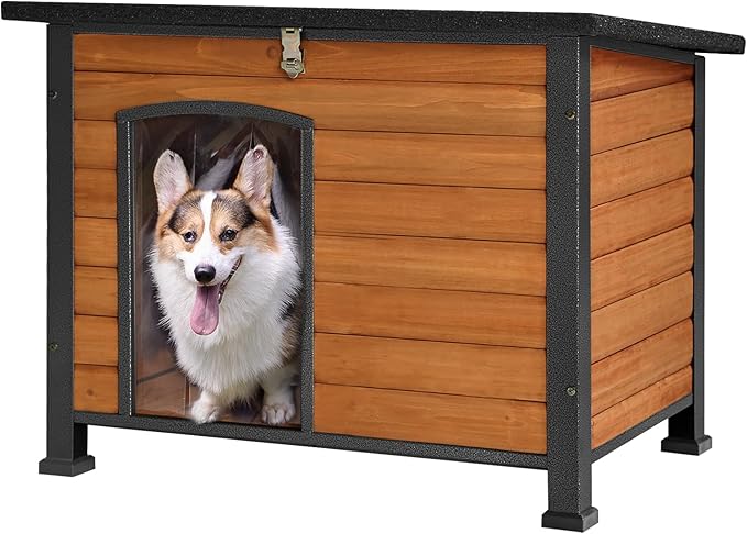 GUTINNEEN Chew Proof Dog House with Metal Iron Frame Outdoor Dog Kennel for Small Medium Large Indoor Dog Cage (33.5" L,Brown Color)
