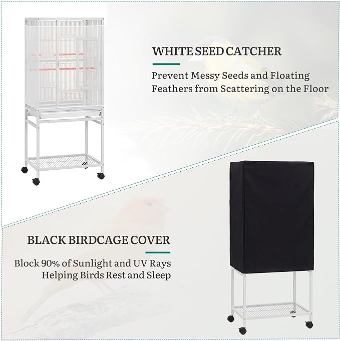 DWVO 53.9-Inch Metal Bird Cage: Large Parrot Cages with Seed Catcher & Cover - Rolling Stand with Brakes for Parakeets, Lovebirds, Cockatiels, Finches and Pigeons