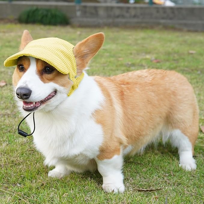 Dog Baseball Cap, Dog Cat Summer Beach Visor Hat with Ear Holes, Adjustable Puppy Sunbonnet Headdress (Yellow, Medium)