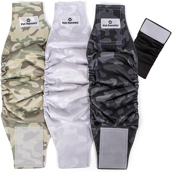 Pet Parents® Washable Belly Bands for Male Dogs (3pack) + Extendrs® of Durable Dog Diapers Male, Premium Male Dog Diapers & Dog Wraps (Small, Camo)