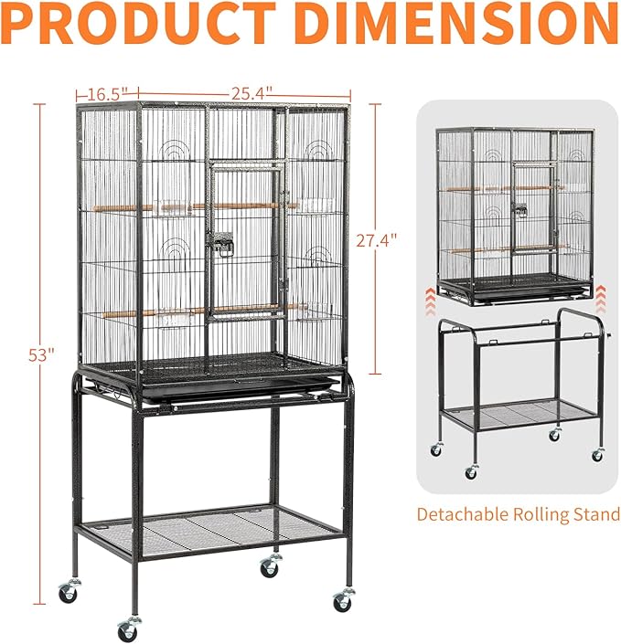 Outvita Bird Cage, 53" Large Metal Flight Bird Cage with Rolling Stand & Storage Shelf for Parrots Lovebird Cockatiel Parakeets Pigeon(Black)