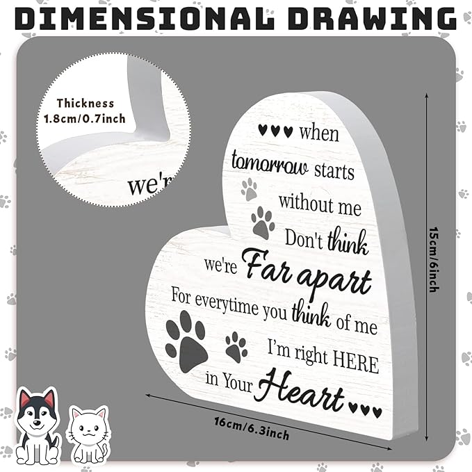 Maitys Pet Memorial Gifts Bereavement Remembrance for Loss of Dog Cat Sympathy Condolence Gifts Heart Shaped Wood Sign When Tomorrow Starts Without Me Wooden Plaque for Table Desk Decor(White)
