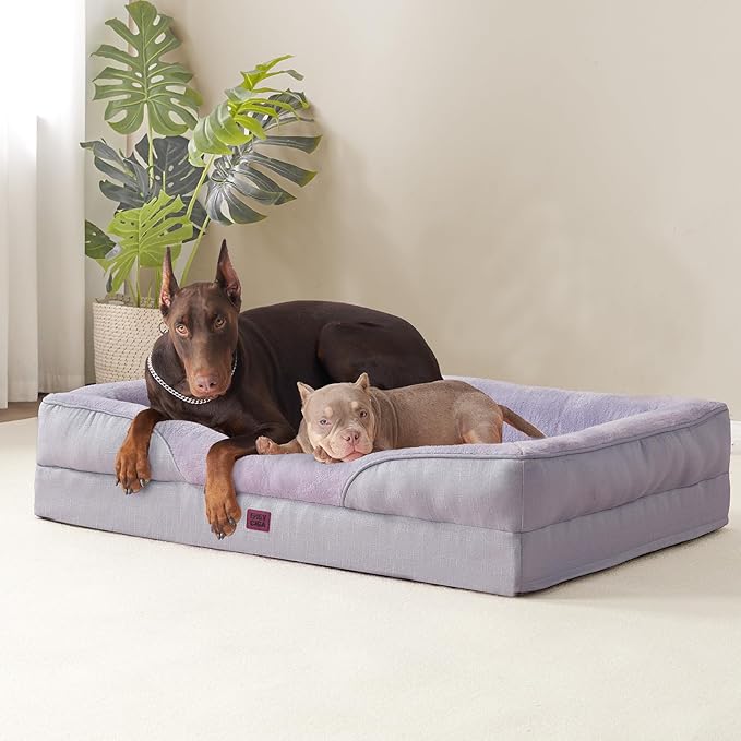 EHEYCIGA Orthopedic XXL Dog Bed for Large Sized Dog, 52x41x8 Inch Extra Large Memory Foam Dog Couch Bed with Sides, Waterproof Liner & Washable Removable Cover, Bolster Pet Sofa, Purple