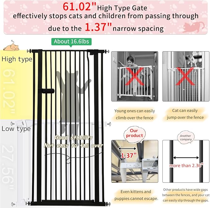 Lumizone Extra Tall Cat Gate 61.02" High Pressure Mounted Extra Wide 2025 New (17 Sizes) 1.37" Gap No Drilling Auto-Close One-Handed Operation Tall Pet Gate for Dogs(Black, 61.02" H x 55.12"-59.44" W)