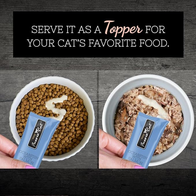 Fussie Cat Ocean Fish and Salmon Puree, lickable cat Treats, 0.5oz, 4 count Pouch Pack of 1