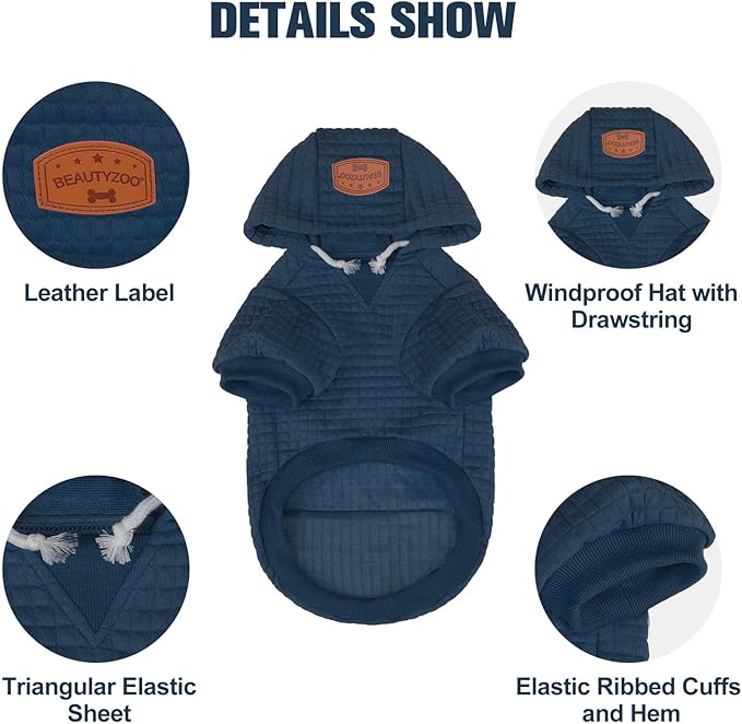 BEAUTYZOO Small Dog Hoodie Sweater with Pockets, Dog Clothes for Small Medium Dogs Boy Girl, Waffle-Like Laminated Cotton Pet Coats with Hat and Leash Hole, Navy Blue ML