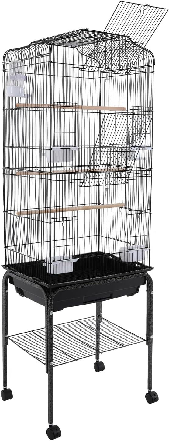 Large Bird Cage with Stand & Wheels, Freestanding Parakeet Birdcage with Feeding Bowls & Waterer, 54 Inch Bird Flight Cages for Parrot Canaries Cockatiels Budgie Parrotlet (Black)