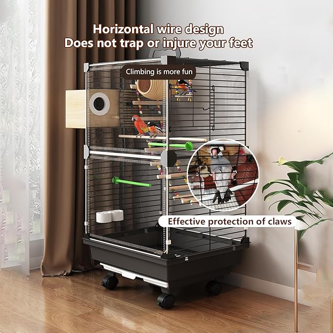 Bird Cage,Large Parrot Cage with Acrylic Doors, 3-Tier Movable Birdcage Parakeet Cage w/Wheels, 360° View Spacious Interactive Bird House (White, with Bathtub)