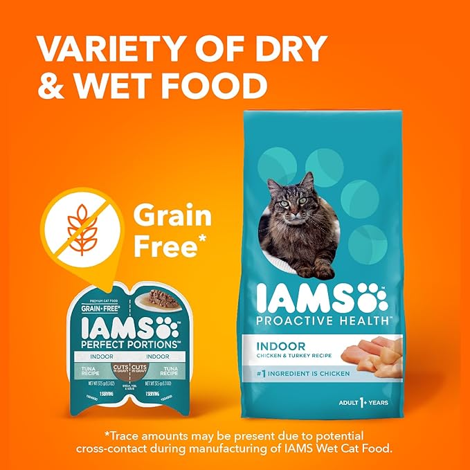IAMS Perfect Portions Grain Free Wet Cat Food, Indoor Adult Cat Food Wet Cuts in Gravy, Tuna Recipe, (24) 2.6 oz. Twin-Pack Trays