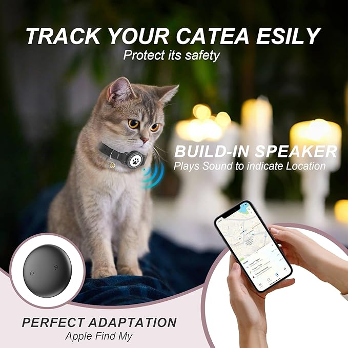 GPS Tracker for Cats, Waterproof GPS Cat Trackers Cats Collar with Bells, No Subscription, GPS Cat Collar, Adapt with Apple Find My (iOS Only) Finder Tag for Items Vehicles, Pets, Kids (Black)