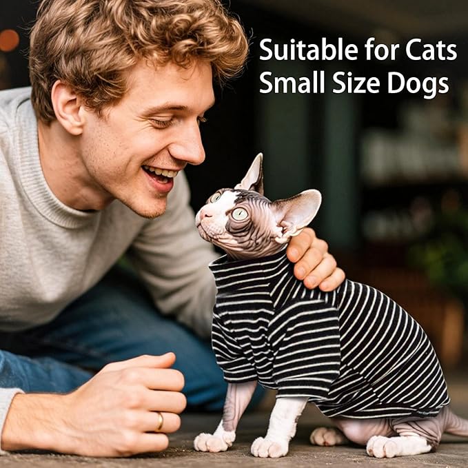 Sphynx Cat Sweater Hairless Cat Clothes Sweater Shirt Soft Warm Long Sleeves Pullover Pet Clothes Pajamas Dog Cloth for Small Dogs Jumpsuit Pet Sweaters (B&W Striped, Large)