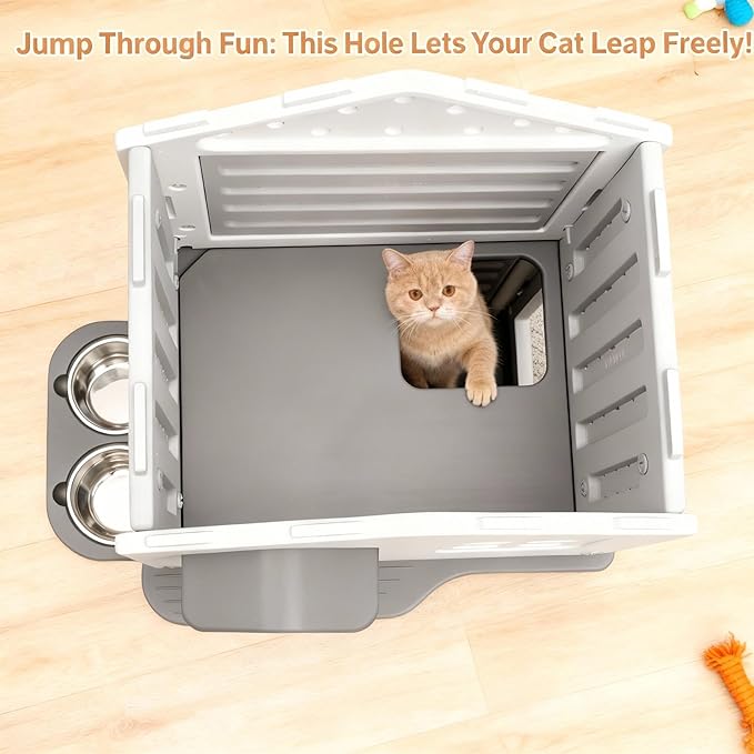 Outdoor Cat House with Insulated Liner, Weatherproof for Feral Multi Cat, 2 Story Plastic Elevated Cat Shelter with Escape Door, Scratching Post, Stainless Steel Bowl, Grey 35" D x 15" W x 20" H