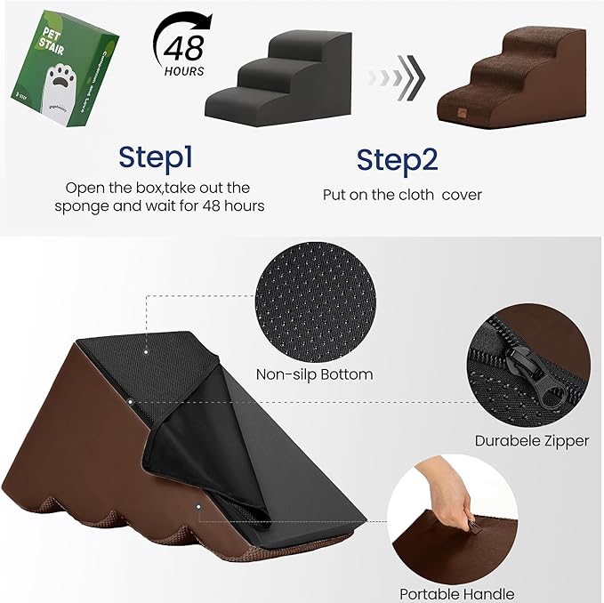 gogobunny Ramp Cat Dog Stairs for Beds, Cat Slope Stairs with Durable Waterproof Fabric Cover, Pet Steps for Old Large Dogs Climbing (Brown, 3-Step (22.4" D x 15.7" W x 15.7" H), 3)