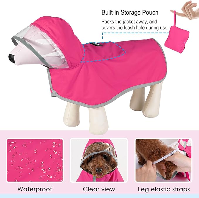 Lukovee Dog Raincoat, Adjustable Dog Rain Jacket with Clear Hooded Double Layer for Large Medium Small Dogs Puppies, Waterproof Rain Coat Poncho with Reflective Storage Pocket & Rim (FU,M)