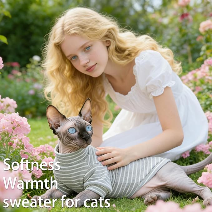 Fleece Sphynx Cat Clothes Soft Hairless Cat Clothes Pullover Cat Sweater for Chihuahua All Season Light and Warm Kitten Cloth for Cats Only Puppy Clothes Small Dog Sweater (Gray Striped, Small)