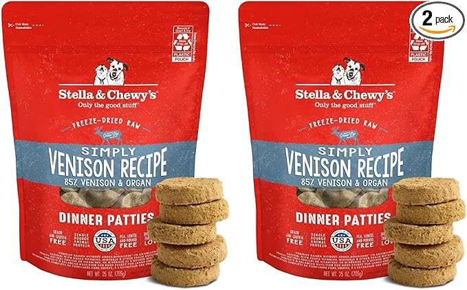 Stella & Chewy's Freeze-Dried Raw Dinner Patties - Simply Venison Recipe - High Protein Grain-Free Puppy & Dog Food - Perfect for Picky Eaters - 25 oz (Pack of 2)