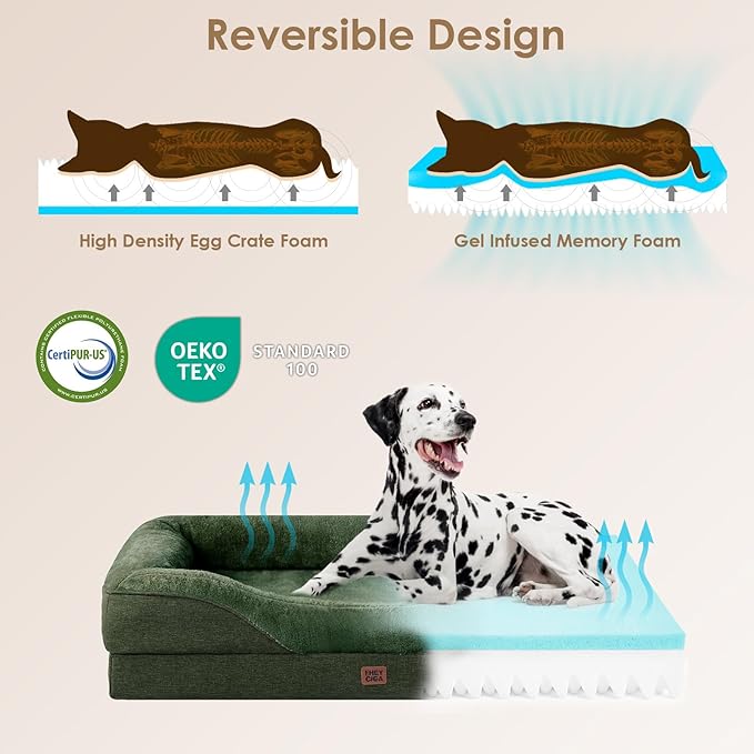 EHEYCIGA Orthopedic Dog Bed for Large Sized Dog, 36x27x7 Inch Large Memory Foam Dog Couch Bed with Sides, Waterproof Liner & Washable Removable Cover, Bolster Pet Sofa, Dark Green