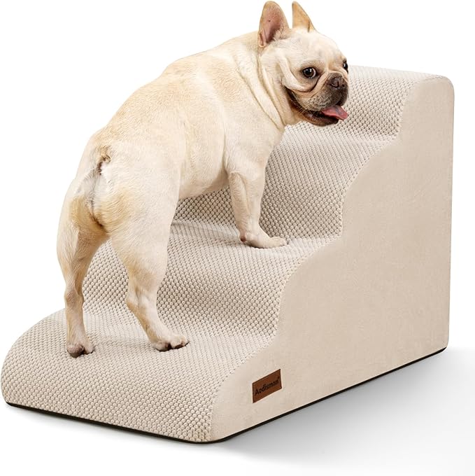Dog Stairs Ramp for Bed and Couch,4 Step Dog Steps for Small Dogs,Pet Stairs with Non-Slip Bottom for Old Cats,Indoor Pet Steps,Comfort,Durable,17.4" H,Beige