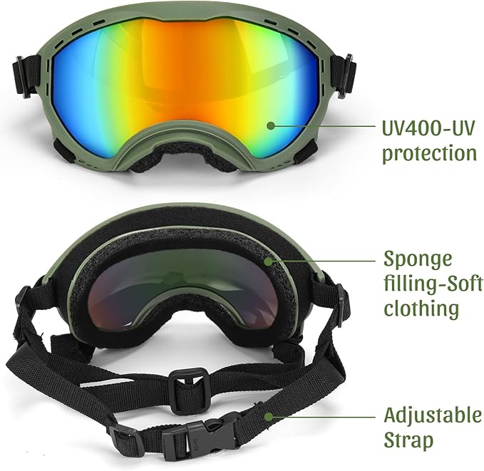 Middle Dog Goggles UV Protection, Dog Sunglasses Transparent Lens, Anti-Fog Snowproof Windproof, Suitable for Medium Dog Outdoor, for Dogs Eyes Protection, Green Box