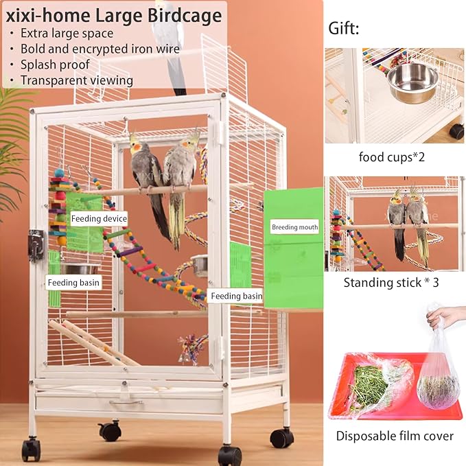 xixi-home Clear Parrot Cage,Metal Bird Cage Ornamental Cage -with Play Top and Wheel,Large Birdcage Flying Birdcage for Outdoors for Parakeet,Lovebirds,Cockatiels(Type B - Black)