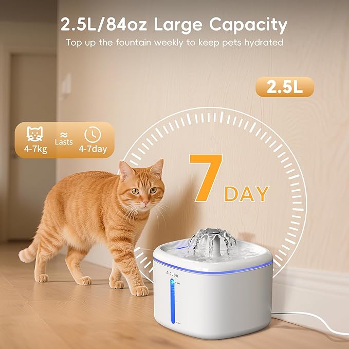Cat Water Fountain,84oz/2.5L Pet Cat Fountain – Ultra Quiet Upgraded Automatic Pet Water Dispenser with 3 Replaceable Filters, Indoor Cat & Dog Drinking Bowl