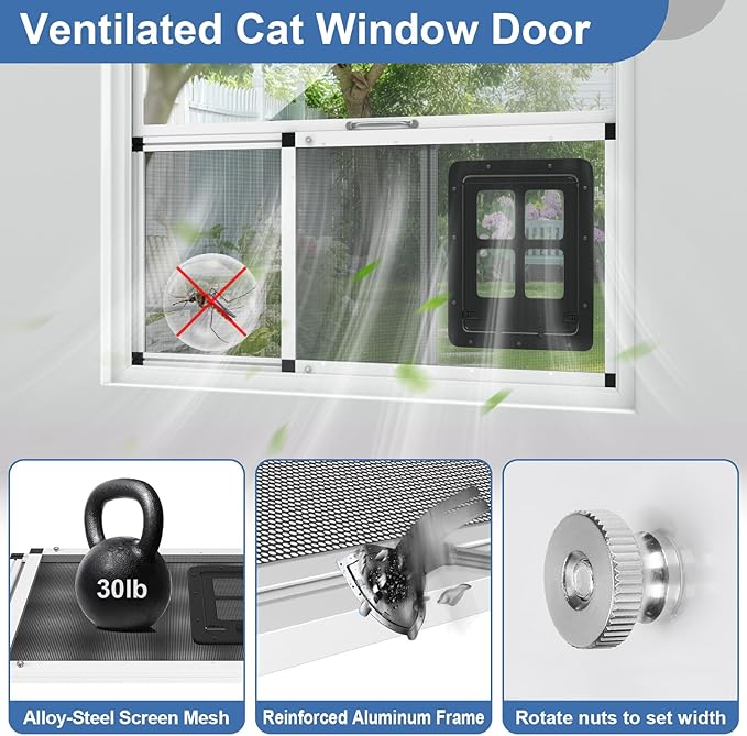 Ventilated Pet Door for Window, Fits 28.5"-32" Width Window, 2-Min Install | Aluminum Frame + Stainless Steel Mesh | Breathable Bug-Proof | Magnetic Closure Window Cat Door, Cat Door for Window Insert
