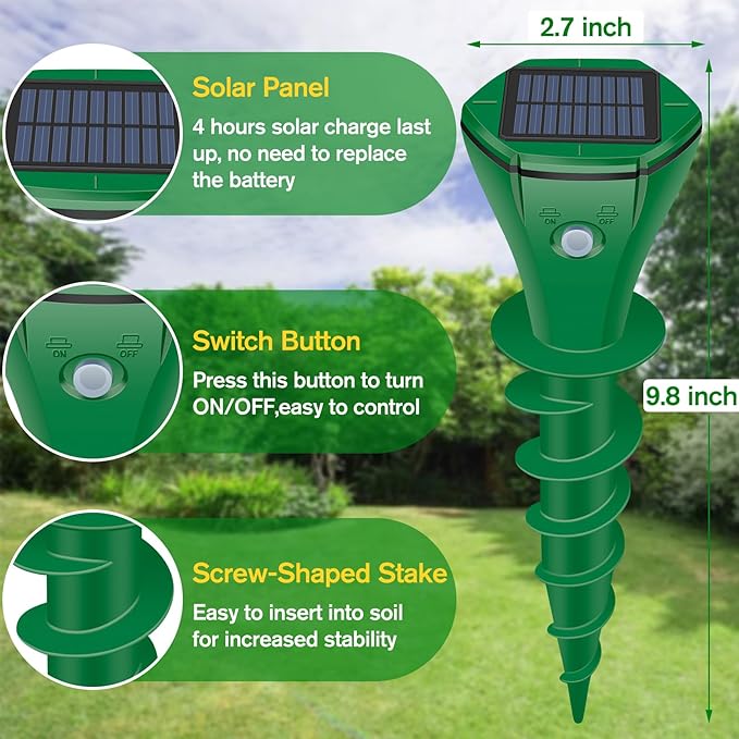 Mole Repellent Solar Powered Ultrasonic,Deer Repellent Devices,Gopher Trap Groundhog Repeller,Sonic Spikes Get Rid of All Pests Vole, Chipmunk,Cat,Skunk,Snake,Mole Trap for Lawn, Garden Yard (6P)