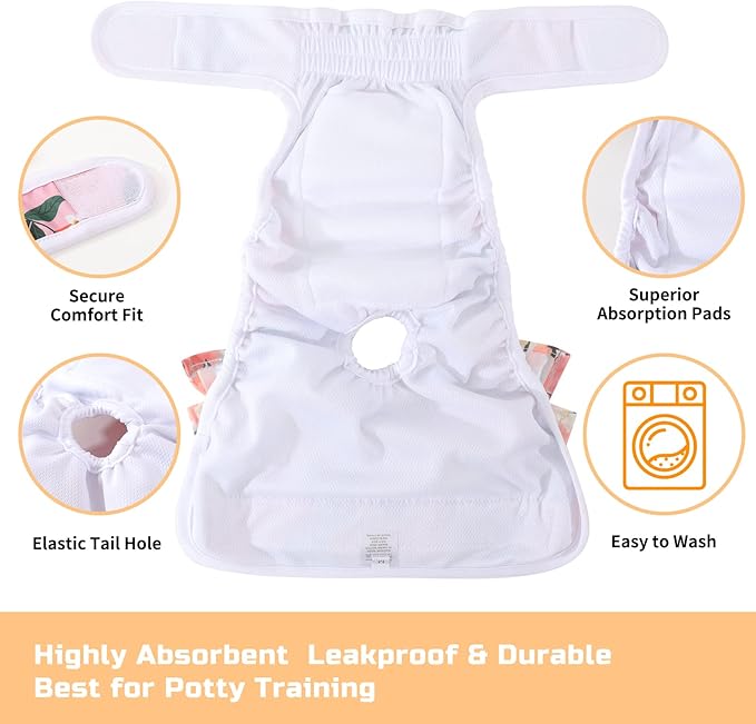 Reusable Dog Diapers Female 3 Pack Washable Premium Highly Absorbent Doggie Diapers, Flexible Puppy Diapers, Durable Leak-Proof Fruit Dog Diapers for Period Heat Incontinence Puppy Training, XS