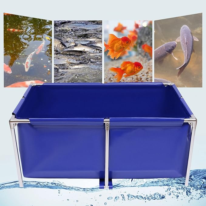 Canvas Fish Pond Aquarium Fish Water Tank, Koi Breeding Pond with Metal Frame and Drain Valve,Blue Cuboid Ornamental Swimming Pool Foldable Water Storage Above Ground Pond for Home